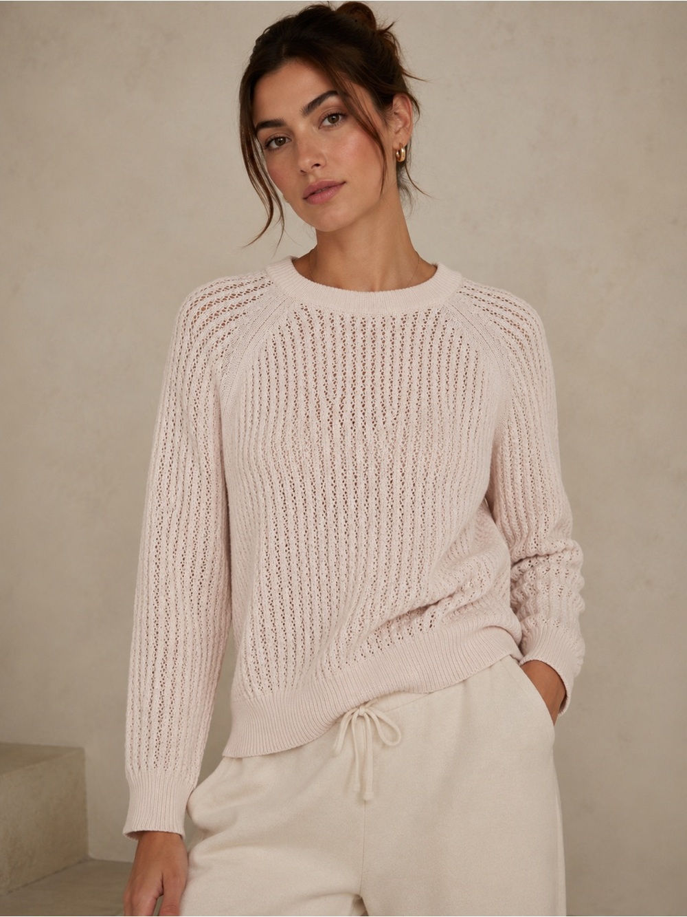 VARLEY Clay Knit Sweater 100% Cotton Pale Pink Pullover Crewneck Medium